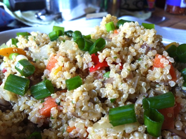 Quinoa with Mixed Veggies and Cilantro Peanut Pesto